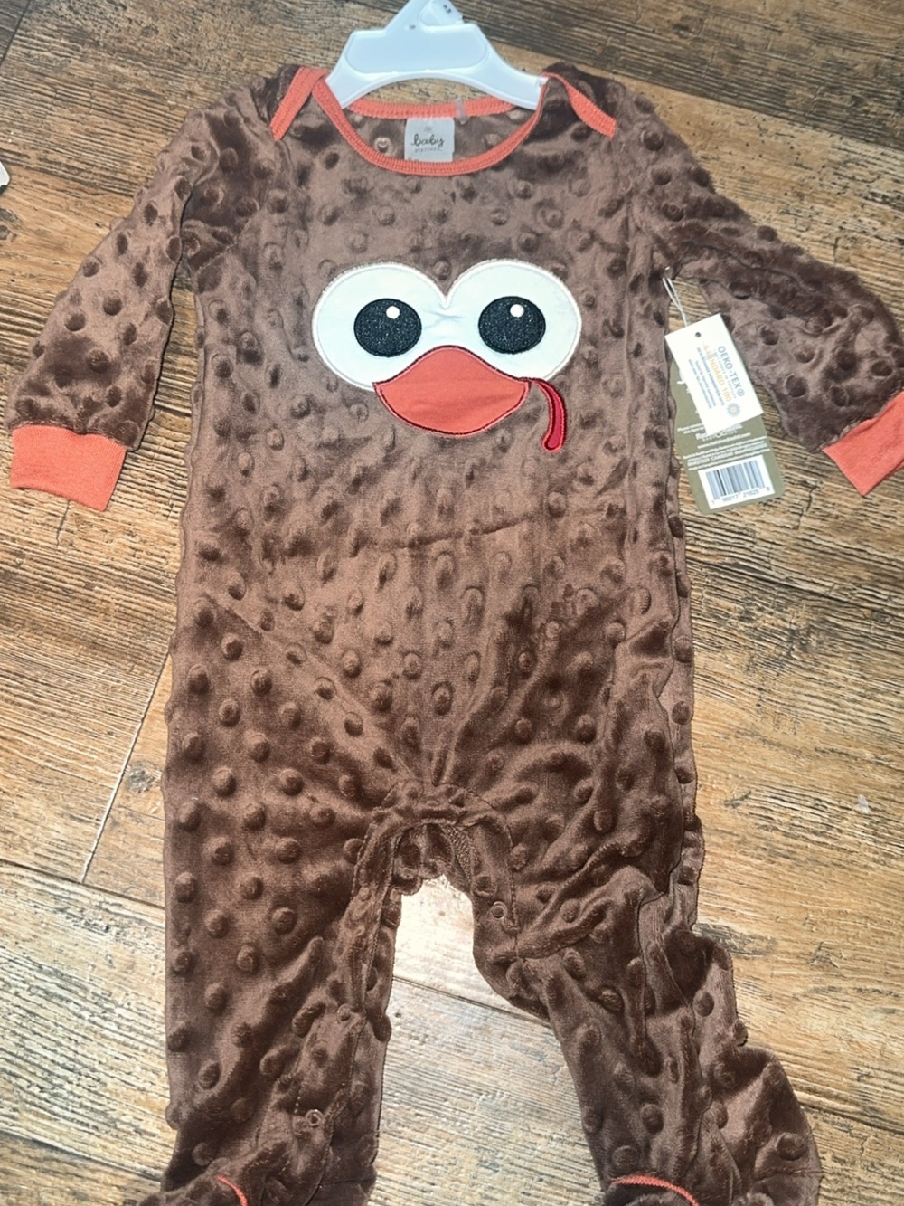 Baby Starters Brown Plush Footie with Orange Trim and Bird Face